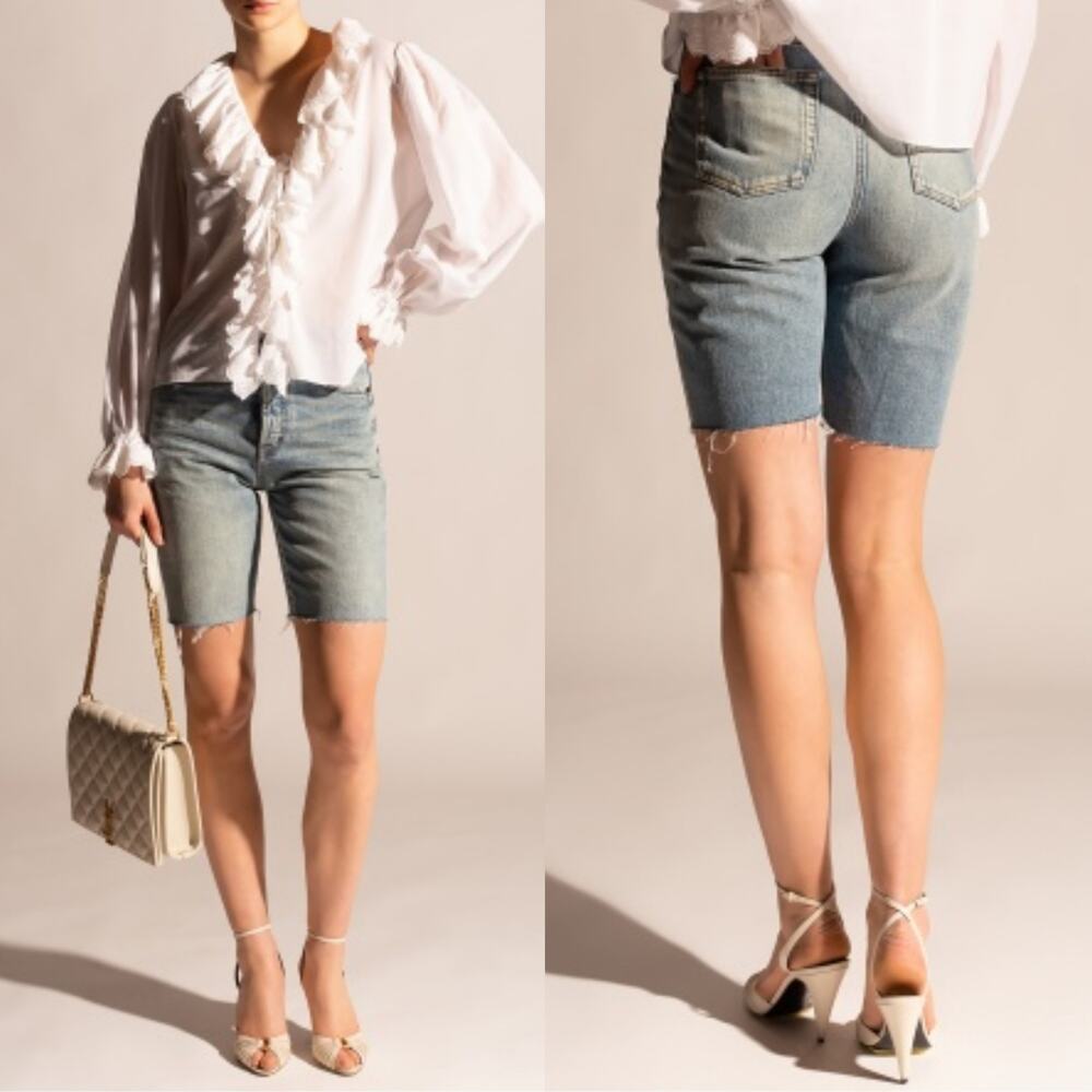 Saint Laurent Jean Short Bermuda Denim Raw Hem Winter Blue 29 Distressed Y2K